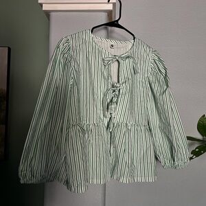 Green & White Tie Up Blouse Medium